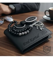 İsme Özel Cüzdan Tesbih Anahtarlık Çakmak - Babaya Sevgiliye Arkadaşa Eşe Hediye Seti