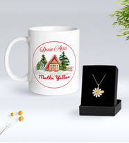 Sevgiliye Yılbaşı Hediyesi BK Gift Kişiye Özel İsimli Yılbaşı Tasarımlı Beyaz Kupa Bardak ve Papatya Kolye Hediye Seti-1, Sevgiliye Hediye, İsimli Kolye