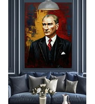 Kırmızı Fonlu Yağlıboya Mustafa Kemal Atatürk Dekoratif Kanvas - Mdf Ahşap Tablo
