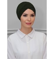 Haki Pratik Hazır Geçmeli Tesettür Bone Sandy Kumaş Çapraz Büzgülü 1801_09