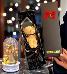 Size Özel İsimli Kutuda Kahve Peluş Ayıcık ve Led Işıklı Biblolu Fanus (Model 5)