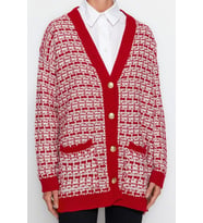 Kadın Modern Tarz Oversize V Yaka Midi Triko Hırka (Kırmızı)