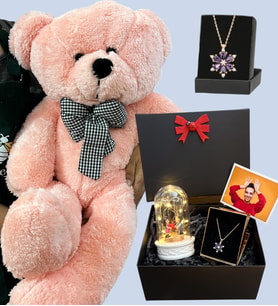 Kişiye Özel Premium Hediye Seti - Büyük Boy Pembe Peluş Ayıcık ve Fotoğraflı Hediye Kutusu (Model 1)