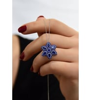 925 Ayar Gümüş Rodyum Kaplama Safir Damla Lotus Kolye