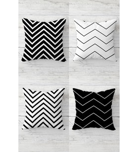 Zigzag Desenli Siyah Beyaz Gizli Fermuarlı Kırlent Kılıfı Koltuk Yastık Kılıfı Takım(4adet) (Beyaz-Siyah)