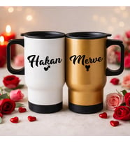 BK Gift Kişiye Özel Sevgili Çift Tasarımlı 2’li Kulplu Beyaz&Gold Çelik Termos Mug 450 ml -14, Sevgiliye Hediye, Sevgililer Günü Hediyesi