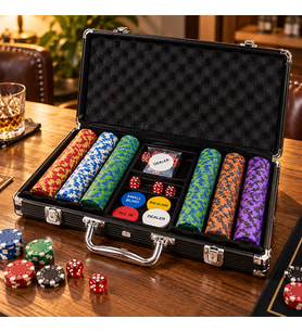 Özel Taşıma Çantalı 300 Chip 2 Adet İskambil Kağıtlı Zar ve Dealer Jetonlu Profesyonel Poker Seti