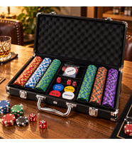 Özel Taşıma Çantalı 300 Chip 2 Adet İskambil Kağıtlı Zar ve Dealer Jetonlu Profesyonel Poker Seti