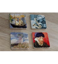 Van Gogh Claude Monet ve Saksafon Çalan Adam Doğal Taş Bardak Altlığı 4'lü set - Natural Stone Coasters