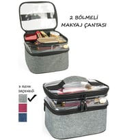 Gri Renk Çift Bölmeli Makyaj Çantası Seyahat Bakım Çantası Beslenme Sefer Tası Çantası