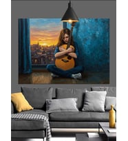 Gitar Çalan Hüzünlü Kadın Dekoratif Kanvas - Mdf Ahşap Tablo