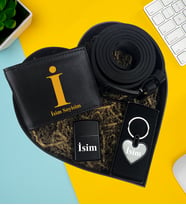 Kişiye Özel Premium Kalp Kutu Cüzdan Kemer Metal Lüx Kalp Anahtarlık Metal Çakmak Set