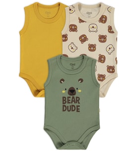 Civil Baby 3 lü Ayıcık Empirmeli Sıfır Kol 0-36 Ay Çıtçıtlı Badi - Bej