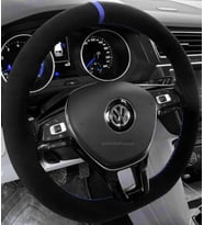 VW Transporter T7 Uyumlu Dikmeli Direksiyon Kılıfı Alkantra Mavi Yüzüklü