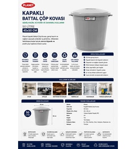 Planet Kapaklı Battal Boy Gri Çöp Kovası 50 L 45x50 cm