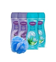 DuruDuru Moods Deniz Mineralleri&Aloe Vera + Lavanta & Yasemin Duş Jeli Duş Lifi İle Birlikte 4x450 Ml