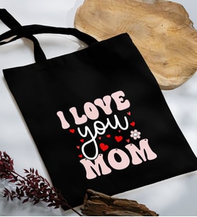 BK Gift Anneler Günü Tasarımlı Siyah Kumaş Bez Çanta, Baskılı Omuz Çantası, Alışveriş Çantası, Anneler Günü Hediyesi, Anneye Hediye-2
