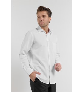 Beyaz Çizgili Desen Sert Yaka Uzun Kol Cepli Comfort Fit Pamuklu Gömlek 1004255268