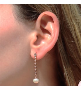 Sallantılı Zirkon Taşlı Rose Gold Kaplama Gümüş İnci Küpe