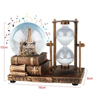 İsme Özel Müzikli Kar Küresi ve Kum Saati Dekoratif Biblo – Eiffel Kulesi Tasarımlı, 16x13x8 cm