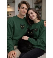 Siyah Kedi Desenli Sevgili Sweatshirt – Unisex Çift Kombini (Koyu Yeşil)
