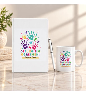 Özel Eğitim Öğretmenine İsme Özel Defter Kalem ve Kupa Hediye Seti