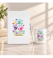 Özel Eğitim Öğretmenine İsme Özel Defter Kalem ve Kupa Hediye Seti