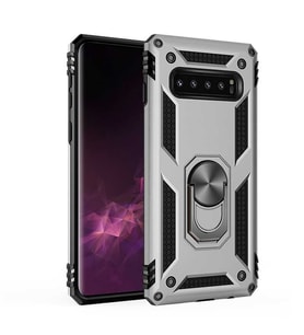 Samsung Galaxy S10 Plus Kılıf Metal For Car Yüzüklü Standlı Military Ring Serisi (Gümüş)