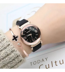 Gogoey Kadın Kol Saati + Bileklik Lüks Moda Şık Trend Bayan Saat Siyah Rose Gold Doğum Günü Hediye