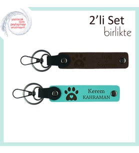 Yeni Kedisi Olanlara Tebrik Hediyesi, Kalpli Pati Motifli Set, İsim Yazılabilir, Koyu Kahve-Turkuaz