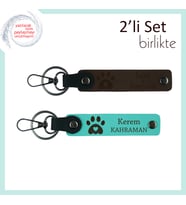 Yeni Kedisi Olanlara Tebrik Hediyesi, Kalpli Pati Motifli Set, İsim Yazılabilir, Koyu Kahve-Turkuaz