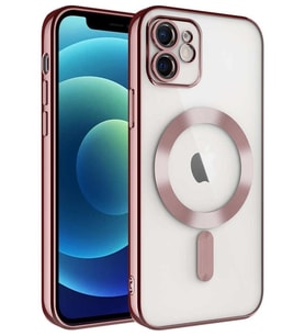 iPhone 11 Kılıf Magsafe Köşeleri Renkli Lüx Şeffaf Kamera Lens Korumalı (Rose)