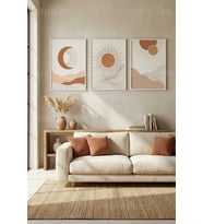 Bohem Minimalist Güneş Ay Doğa Manzaraları 3’lü Ahşap Çerçeveli Tablo Seti