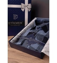 Mavi Siyah Dama Desenli Slimfit Oduncu Hediye Kutulu Erkek Gömlek