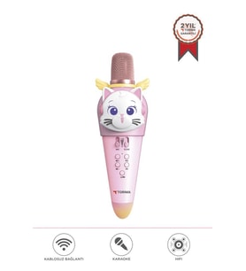 Torima KIDMIC02 Pembe Kedi Figürlü Şarjlı BT Karaoke Mikrofon ve Hoparlör 5W Kablosuz Mikrofon