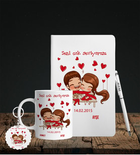 Sevgililer Gününe Özel Defter Kalem Kupa & Süblimasyon Anahtarlık Hediye Seti 15