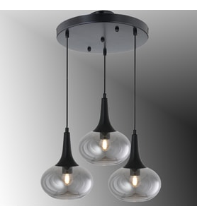 TT602-3Y-SY-FÜME TT Aydınlatma Mat Siyah - Füme 3 lü Hunili Tombul Camlı Yuvarlak Avize