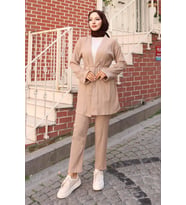 Cep Detaylı Kimono Takım Vizon