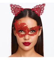 Gizemli Kırmızı Dantel Maske Ve Taç Seti 1 No - Kostüm Seti