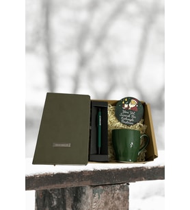 YENİ YIL TEMALI HEDİYE SETİ (YEŞİL DEFTER,KALEM,BARDAK ALTLIĞI, SERAMİK KAHVE FİNACANI) (Zeytin Yeşili)
