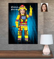 Kişiye Özel Karikatür Baskılı Ahşap Tablo İtfaiyeci Kadın-1 30x40