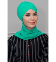 Su Yeşili Pratik Hazır Geçmeli Tesettür Bone Sandy Kumaş Çapraz Büzgülü Şifon Atkılı 1801A_32