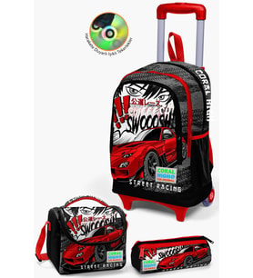 Coral High Kids Siyah Kırmızı Anime Araba Desenli Çekçekli 3'lü Çanta Seti SET0123947
