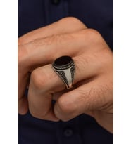 Oval Siyah Oniks Taşlı  925 Gümüş Erkek Yüzük