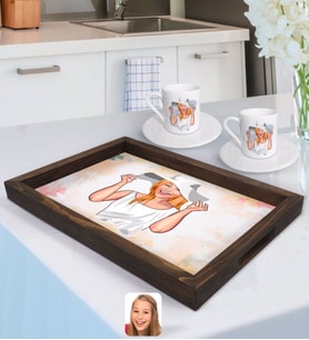 BK Gift Kişiye Özel Kadın Karikatürlü Doğal Ahşap Tepsi ve 2’li Kahve Fincan Seti-20