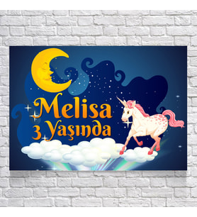 Unicorn ve Ay Temalı Doğum Günü Afişi