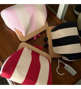 Ahşap Burslu Çizgili Clutch Çanta