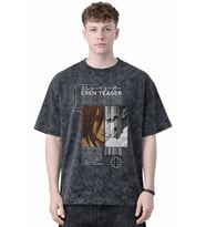Tasarım Eren Yeager Attack On Titan Anime Baskılı Unisex Oversize Eskitme Yıkamalı Tişört