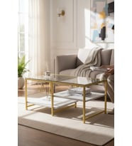 Beyaz Gold Renk 3 Katlı Metal İskeletli Temper Camlı Orta Sehpa