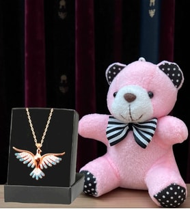 Gerçek Ametist Taşlı Renkli Anka Kuşu Kolye ve Peluş Ayıcık Anahtarlık Hediye Seti
